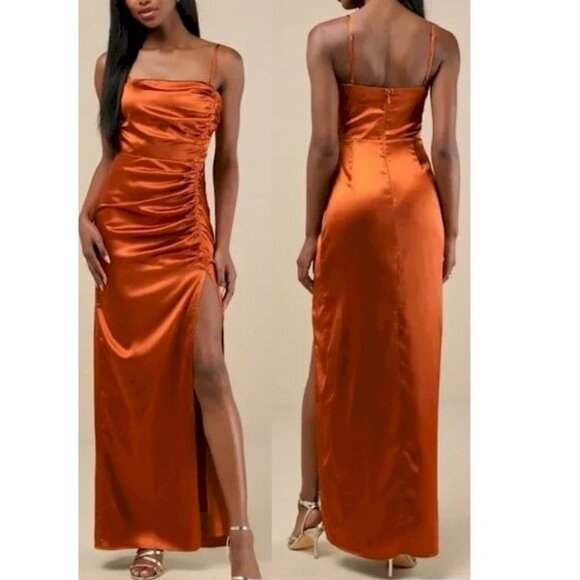 Lulus Luxurious Marvel Rust Orange Satin Ruched Column Maxi Dress XS - Picture 1 of 13